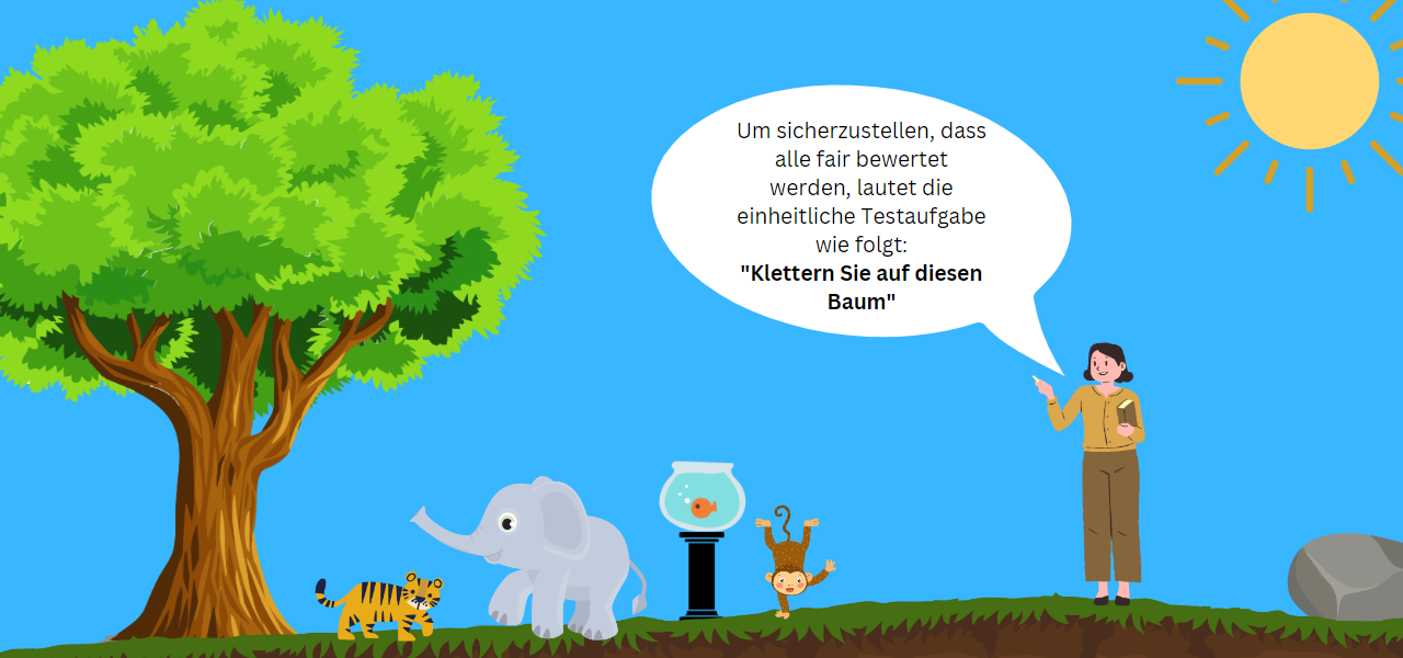 Ungleichheit? Es sind verschiedene Tiere zu sehen die Lehrerin sagt: Um sicherzustellen, dass alle fair bewertet werden, lautet die einheitliche Testaufgabe wie folgt: "Klettern Sie auf diesen Baum"