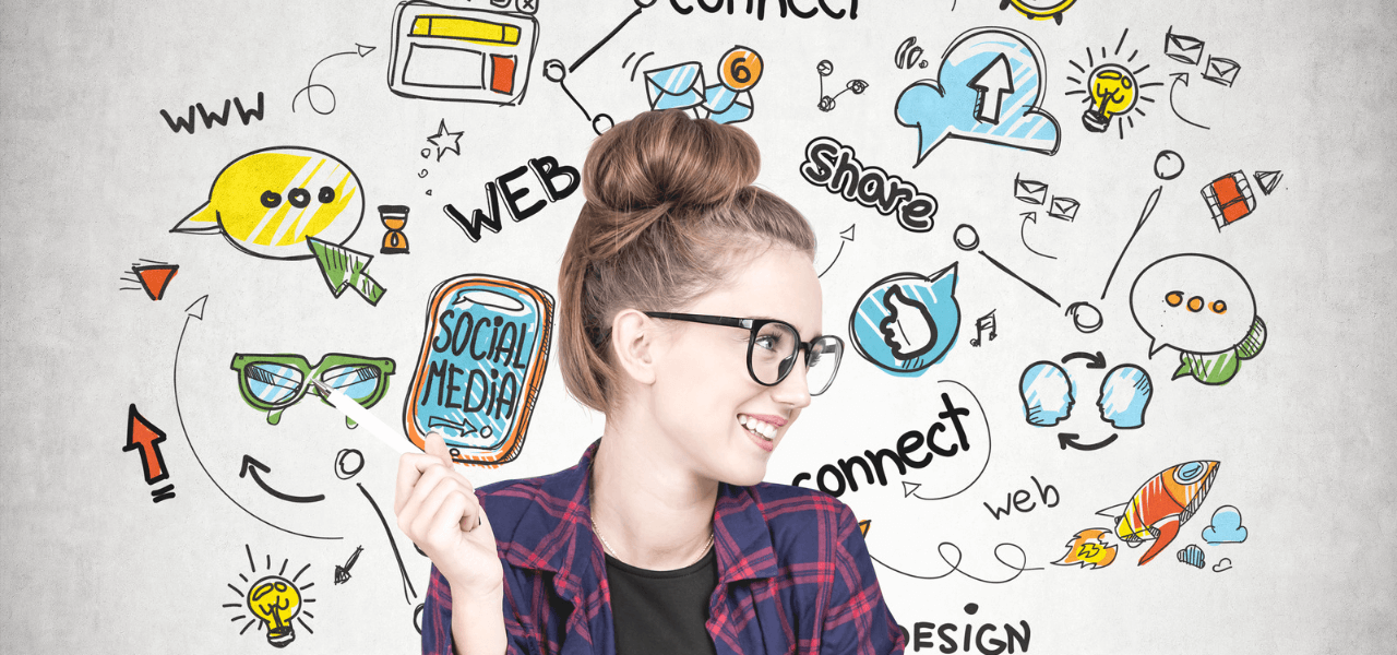 Social-Media Ein Teenager mit diversen Social-Media Icons im Hintergrund
